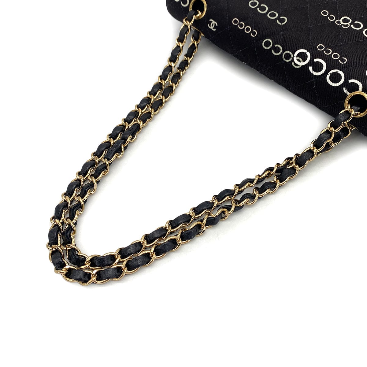 Luxury Promise Japan VINTAGE CHANEL COCO PRINT CHAIN SHOULDER BAG BLACK CANVAS GOLD HARDWARE 90324628