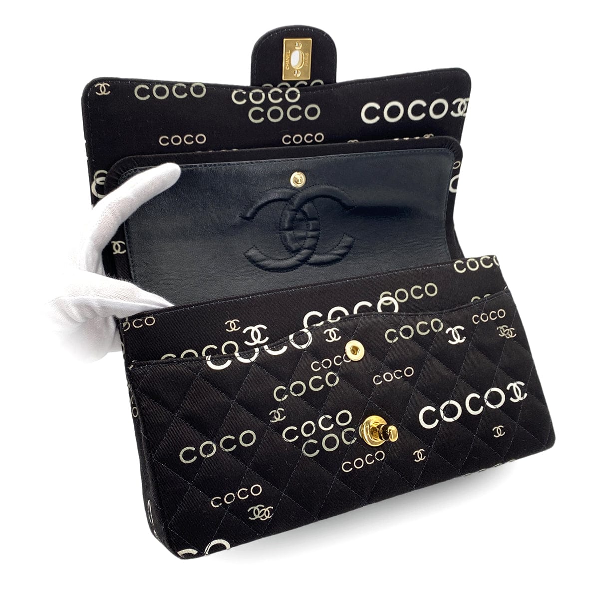 Luxury Promise Japan VINTAGE CHANEL COCO PRINT CHAIN SHOULDER BAG BLACK CANVAS GOLD HARDWARE 90324628