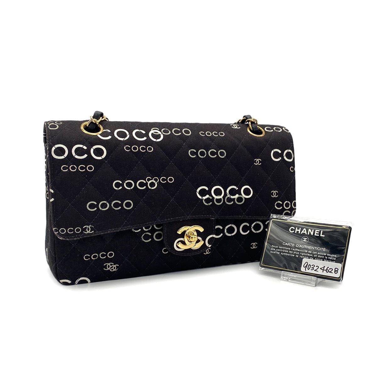 Luxury Promise Japan VINTAGE CHANEL COCO PRINT CHAIN SHOULDER BAG BLACK CANVAS GOLD HARDWARE 90324628