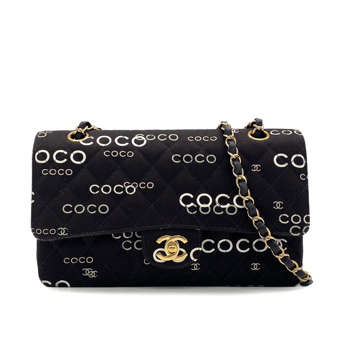 Luxury Promise Japan VINTAGE CHANEL COCO PRINT CHAIN SHOULDER BAG BLACK CANVAS GOLD HARDWARE 90324628