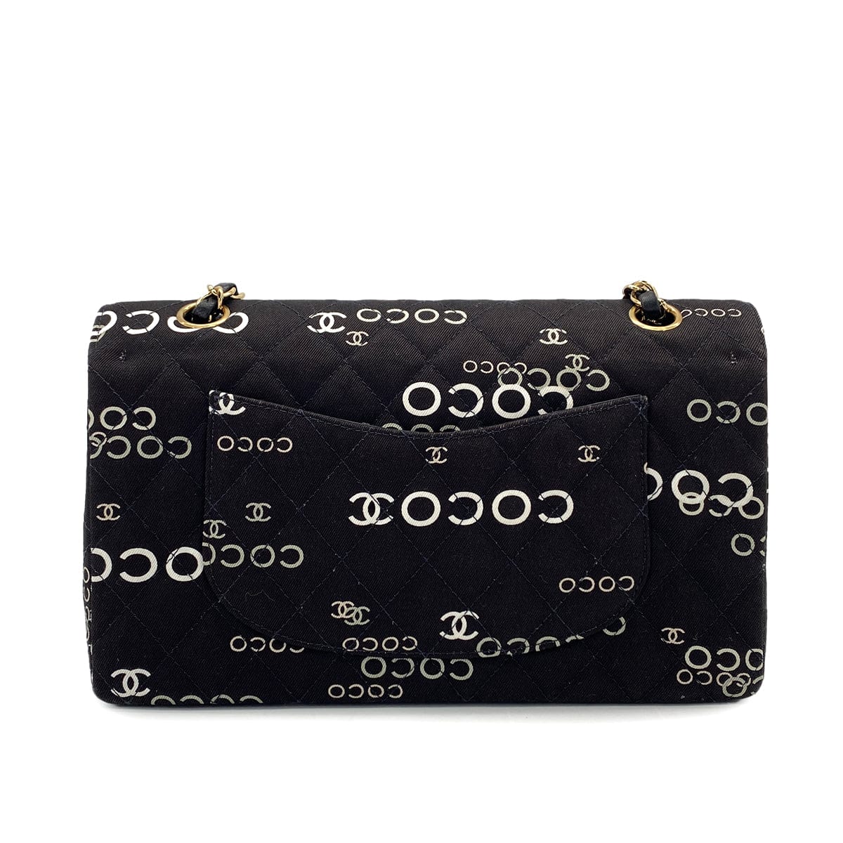 Luxury Promise Japan VINTAGE CHANEL COCO PRINT CHAIN SHOULDER BAG BLACK CANVAS GOLD HARDWARE 90324628