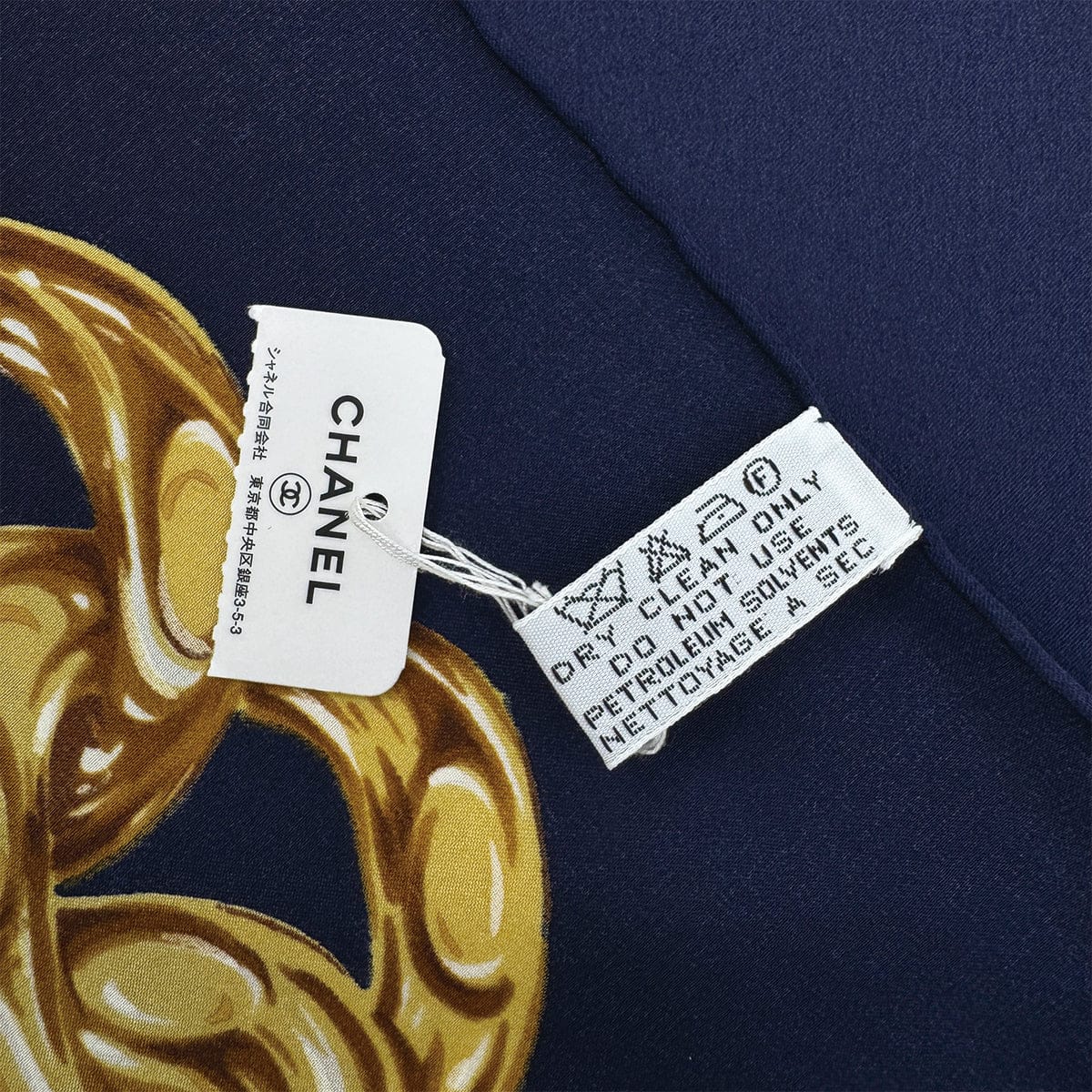 Luxury Promise Japan VINTAGE CHANEL COCOMARK CAMELLIA GOLD CHAIN SCARF BLUE SILK 90312625