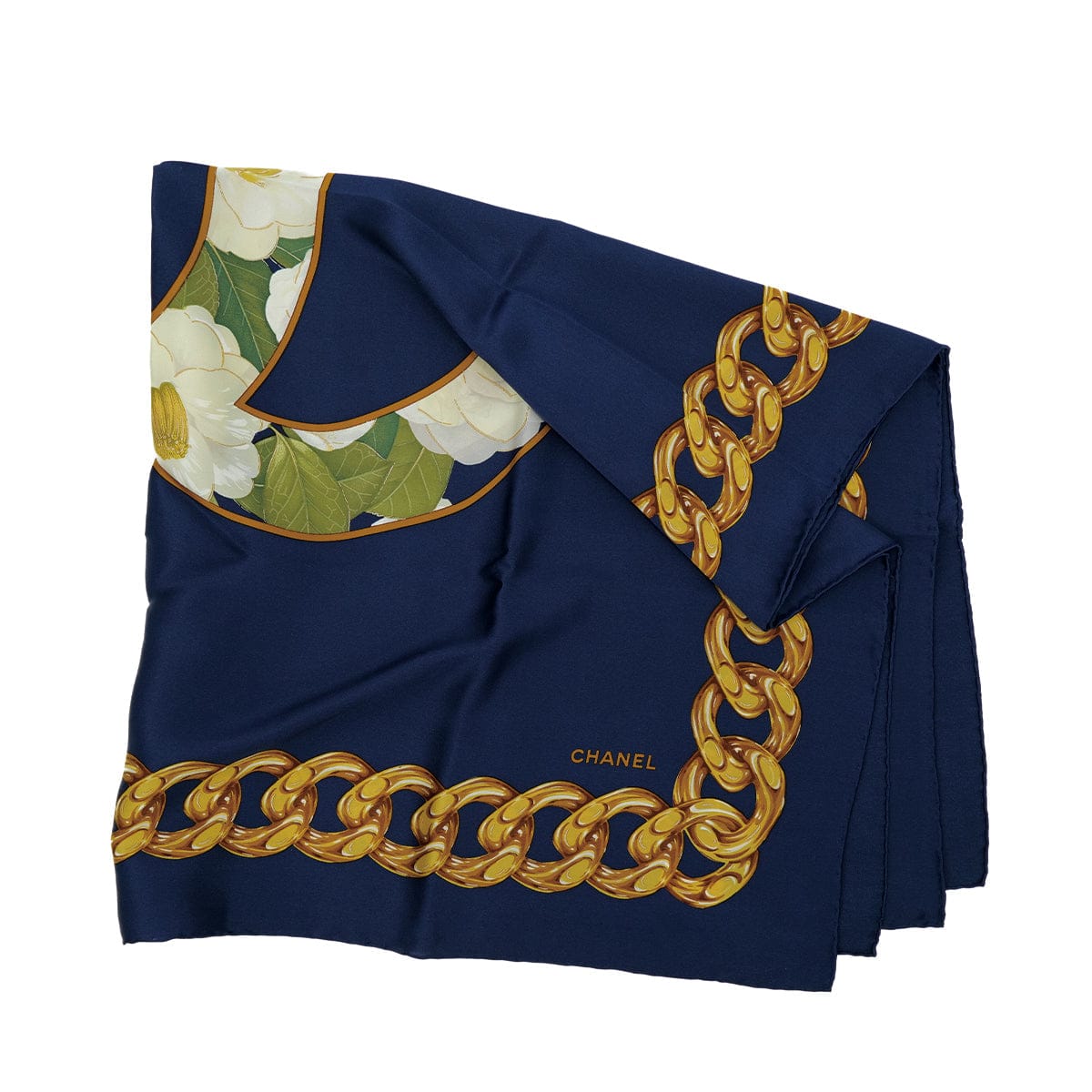 Luxury Promise Japan VINTAGE CHANEL COCOMARK CAMELLIA GOLD CHAIN SCARF BLUE SILK 90312625