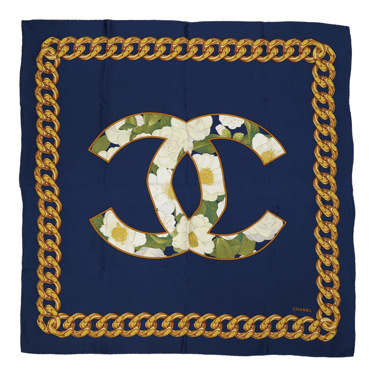 Luxury Promise Japan VINTAGE CHANEL COCOMARK CAMELLIA GOLD CHAIN SCARF BLUE SILK 90312625