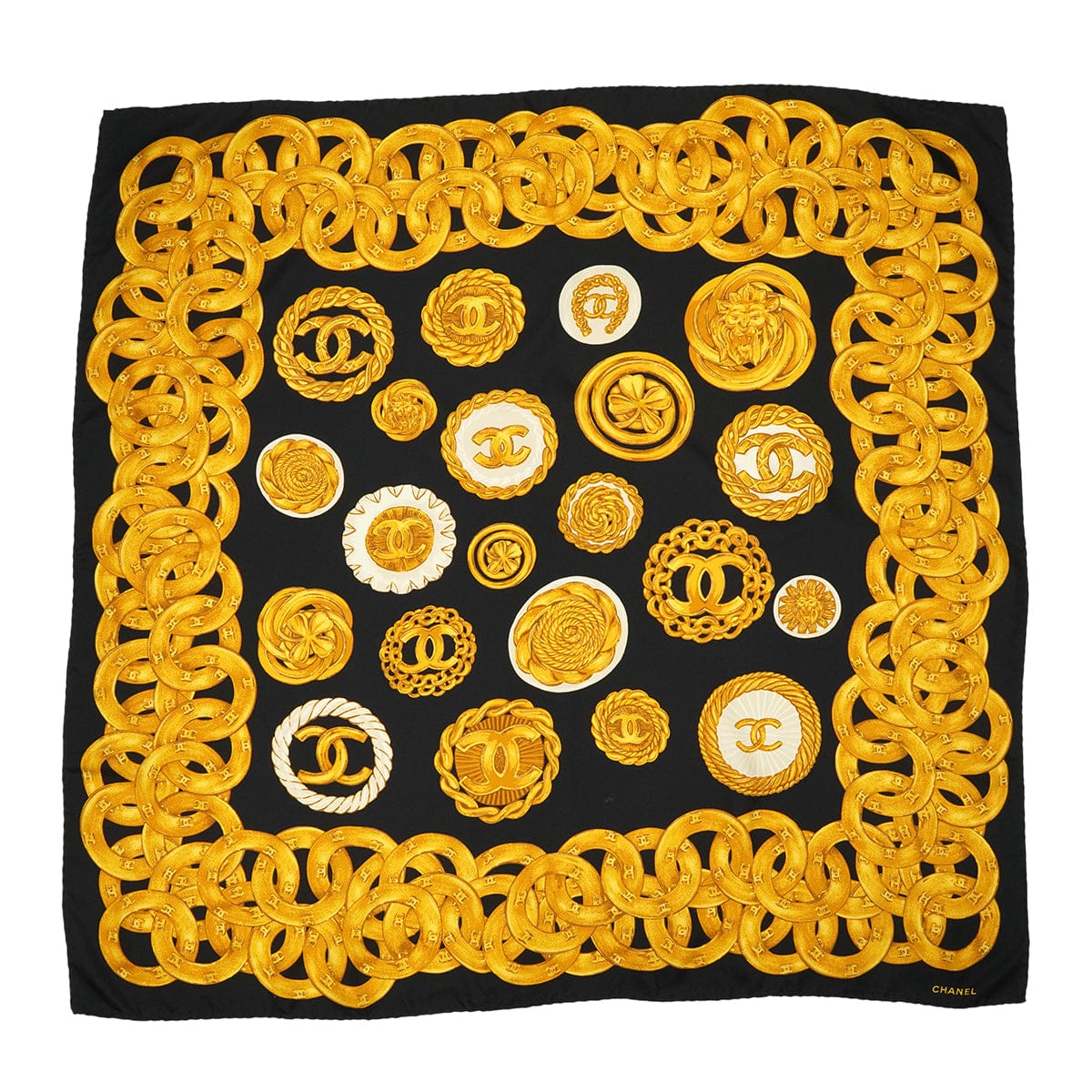 Luxury Promise Japan VINTAGE CHANEL COCOMARK CHAIN BUTTON PATTERN SCARF BLACK GOLD 90346695