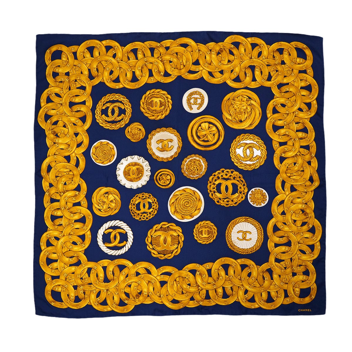 Luxury Promise Japan VINTAGE CHANEL COCOMARK CHAIN BUTTON PATTERN SCARF NAVY SILK 90324797