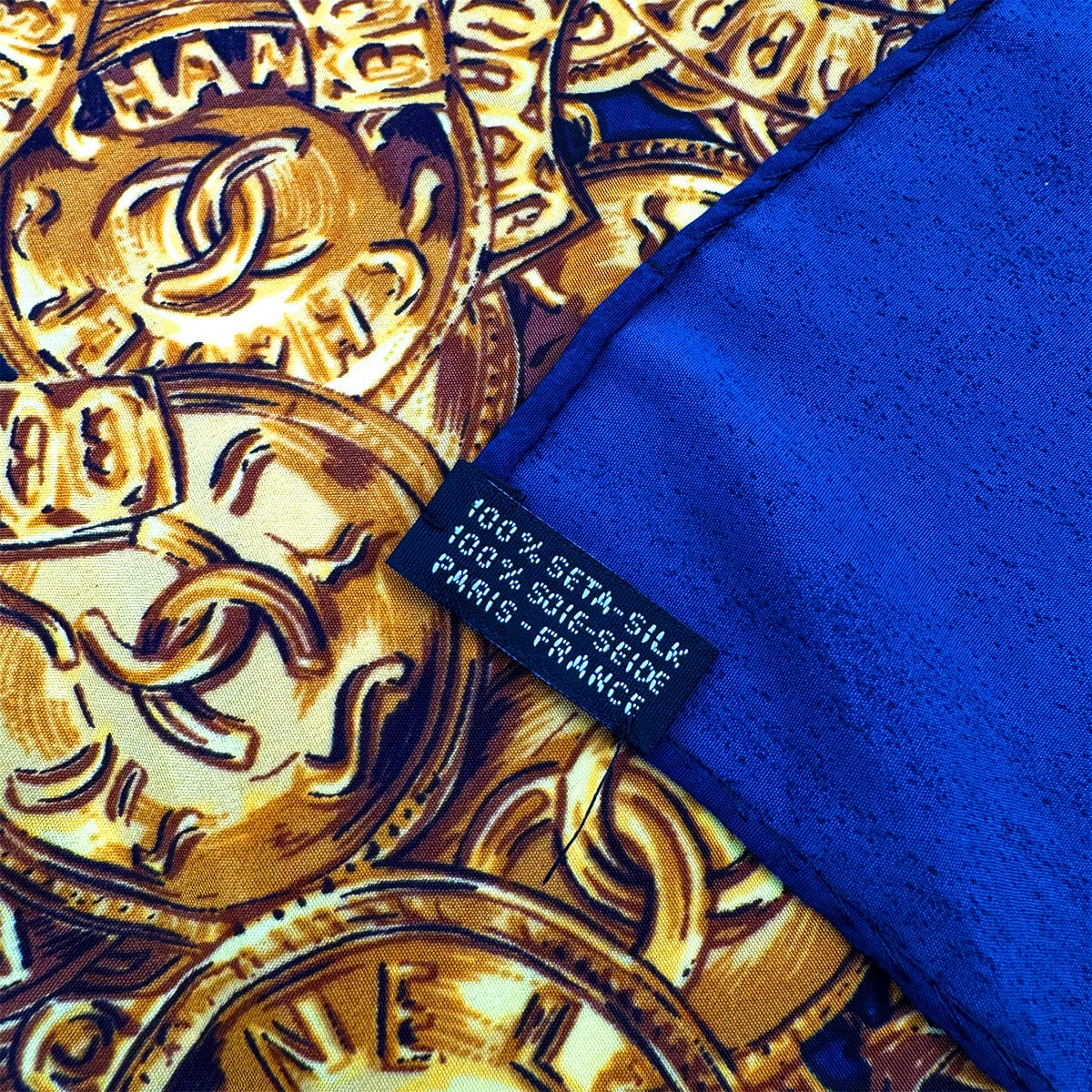 Luxury Promise Japan VINTAGE CHANEL COCOMARK CHAIN PATTERN SCARF NAVY SILK 90324122