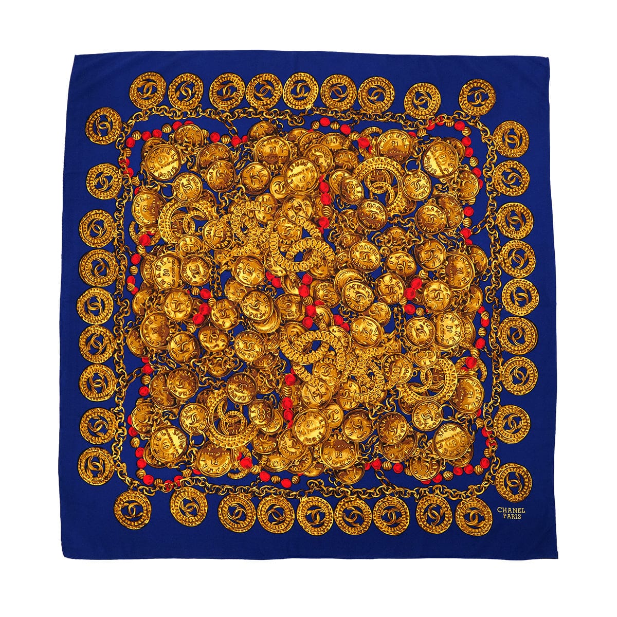 Luxury Promise Japan VINTAGE CHANEL COCOMARK CHAIN PATTERN SCARF NAVY SILK 90324122