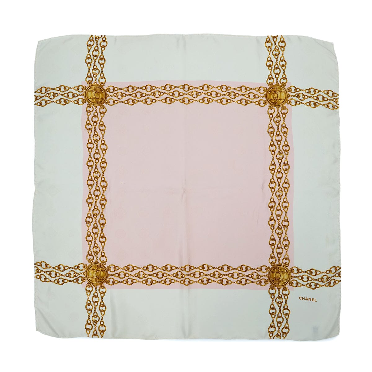 Luxury Promise Japan VINTAGE CHANEL COCOMARK CHAIN PATTERN SCARF PINK WHITE SILK 90324787