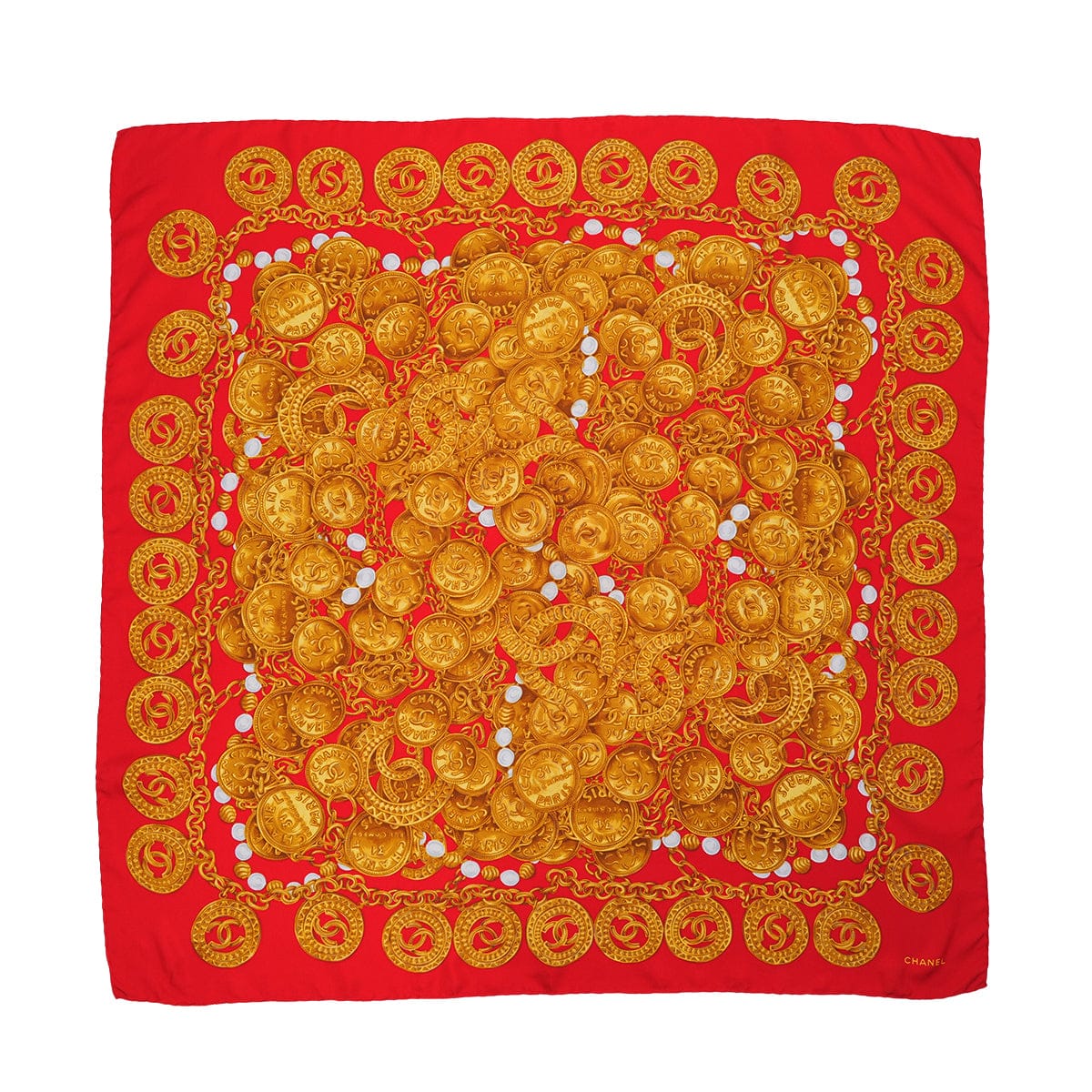 Luxury Promise Japan VINTAGE CHANEL COCOMARK CHAIN PATTERN SCARF RED SILK 90323164
