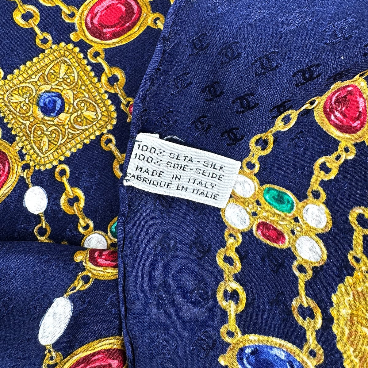 Luxury Promise Japan VINTAGE CHANEL COCOMARK JEWELRY PATTERN SCARF NAVY SILK 90324643