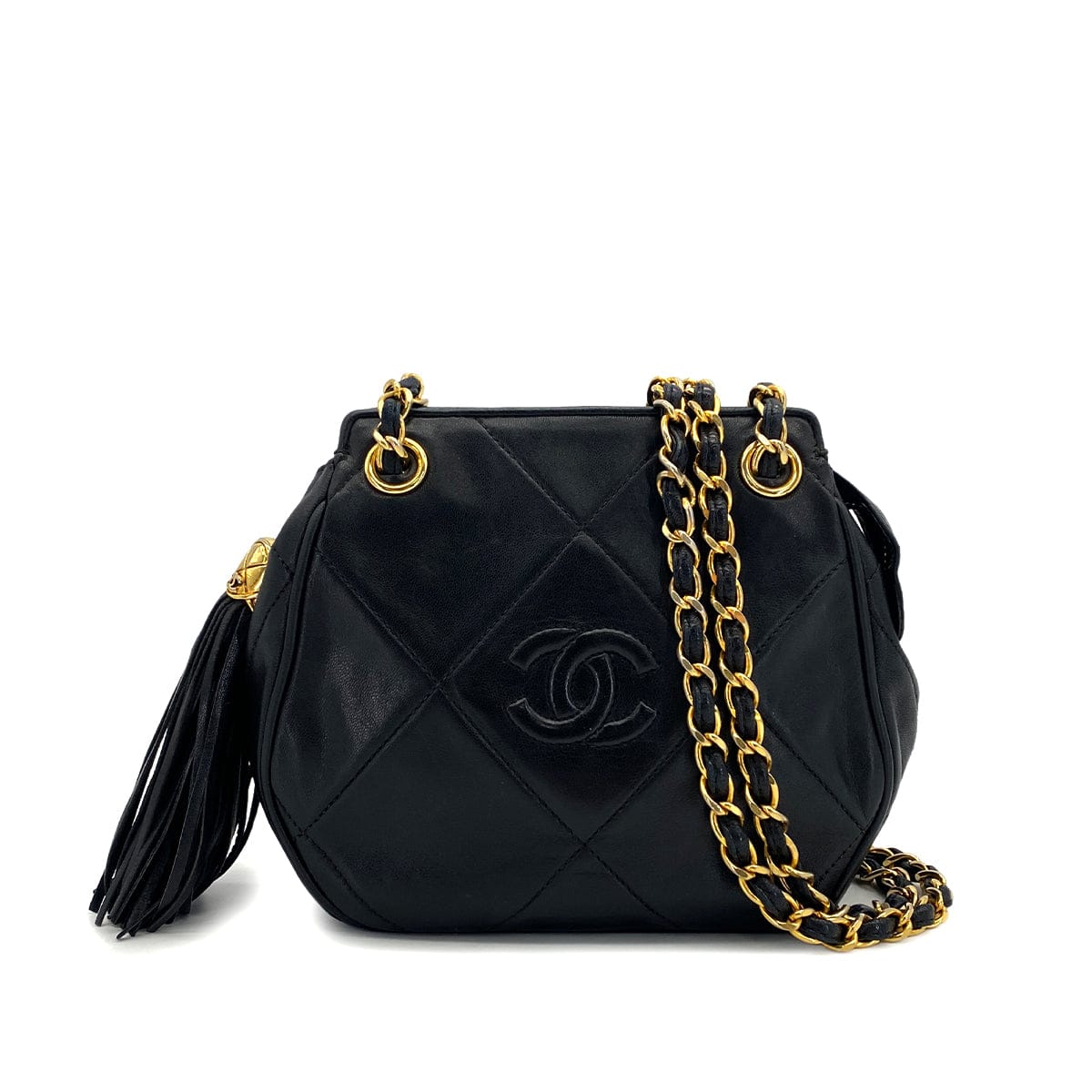 Luxury Promise Japan VINTAGE CHANEL COCOMARK MATELASSE FRINGE CHAIN SHOULDER BAG BLAK LAMB SKIN GOLD HARDWARE 90324108
