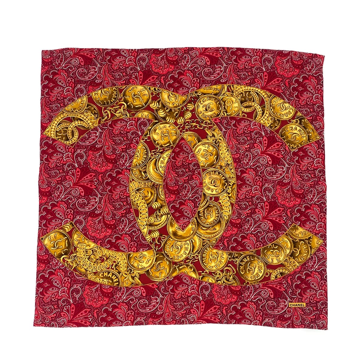 Luxury Promise Japan VINTAGE CHANEL COCOMARK PAISLEY PATTERN SCARF RED GOLD SILK 90323120