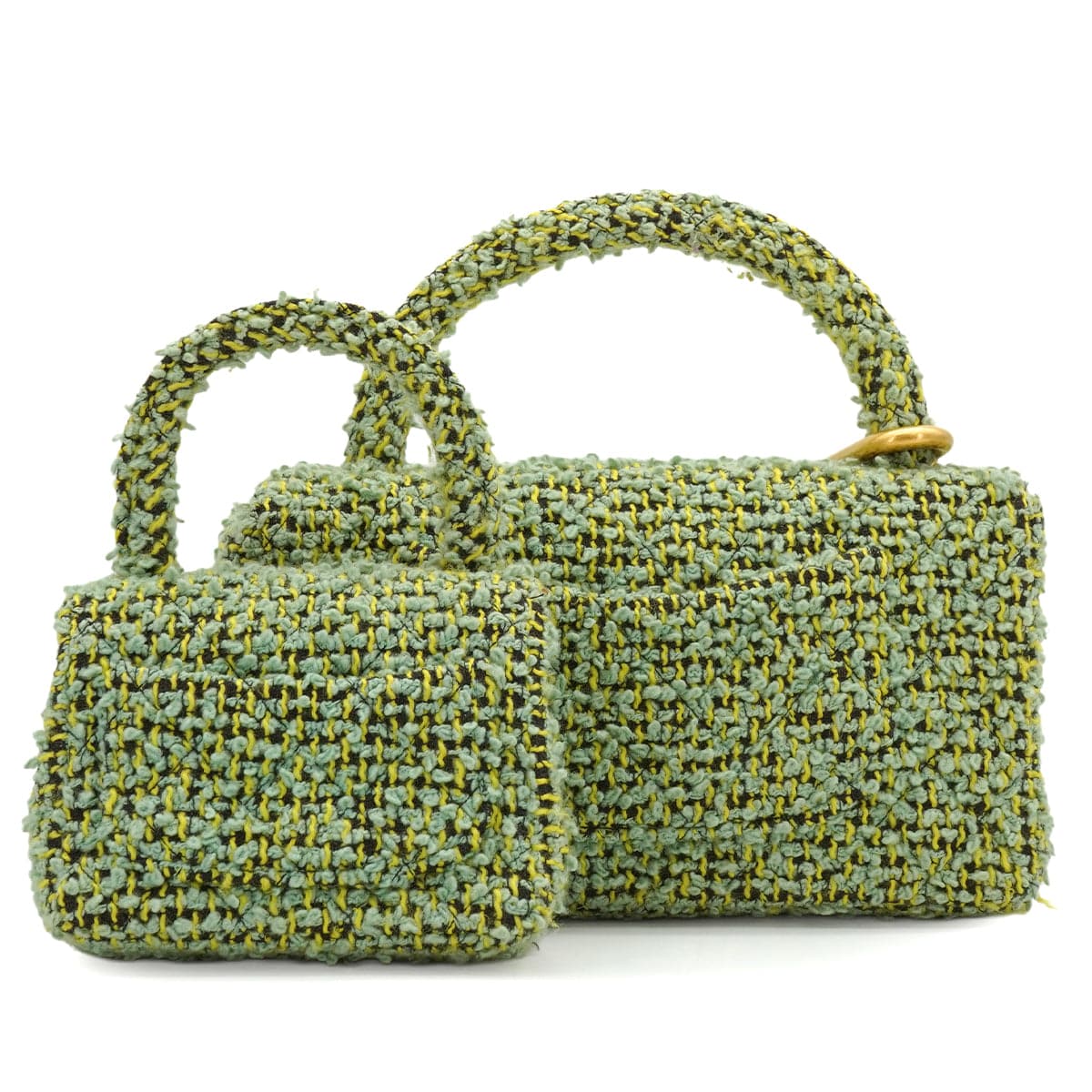 Luxury Promise Japan VINTAGE  CHANEL COCOMARK PARENT-CHILD HAND BAG GREEN TWEED GOLD HARDWARE 90344362