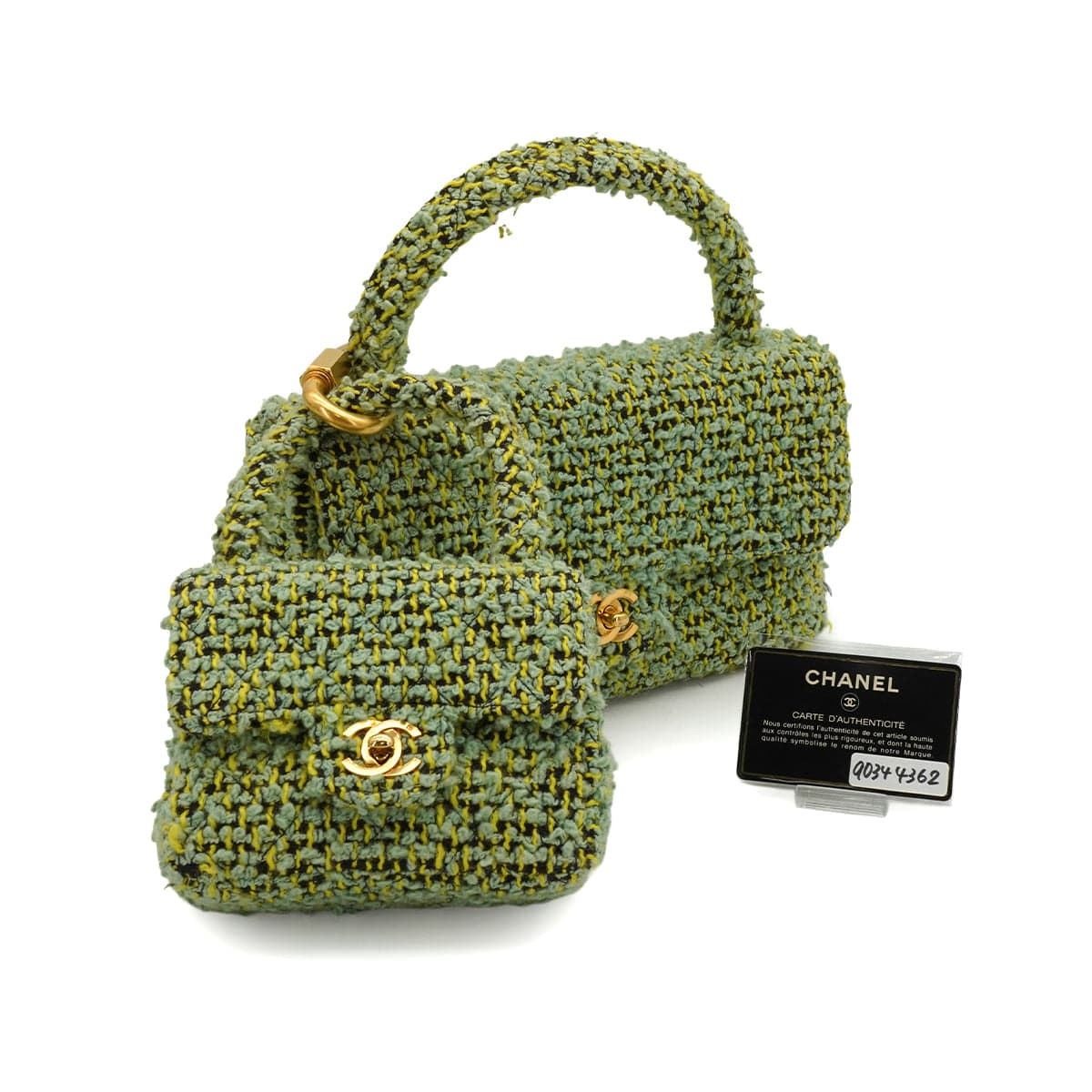 Luxury Promise Japan VINTAGE  CHANEL COCOMARK PARENT-CHILD HAND BAG GREEN TWEED GOLD HARDWARE 90344362