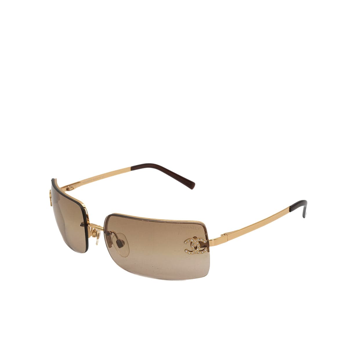 Luxury Promise Japan VINTAGE CHANEL COCOMARK RHINESTONE RIMLESS SUNGLASSES GOLD BROWN EYEWEAR 90323157