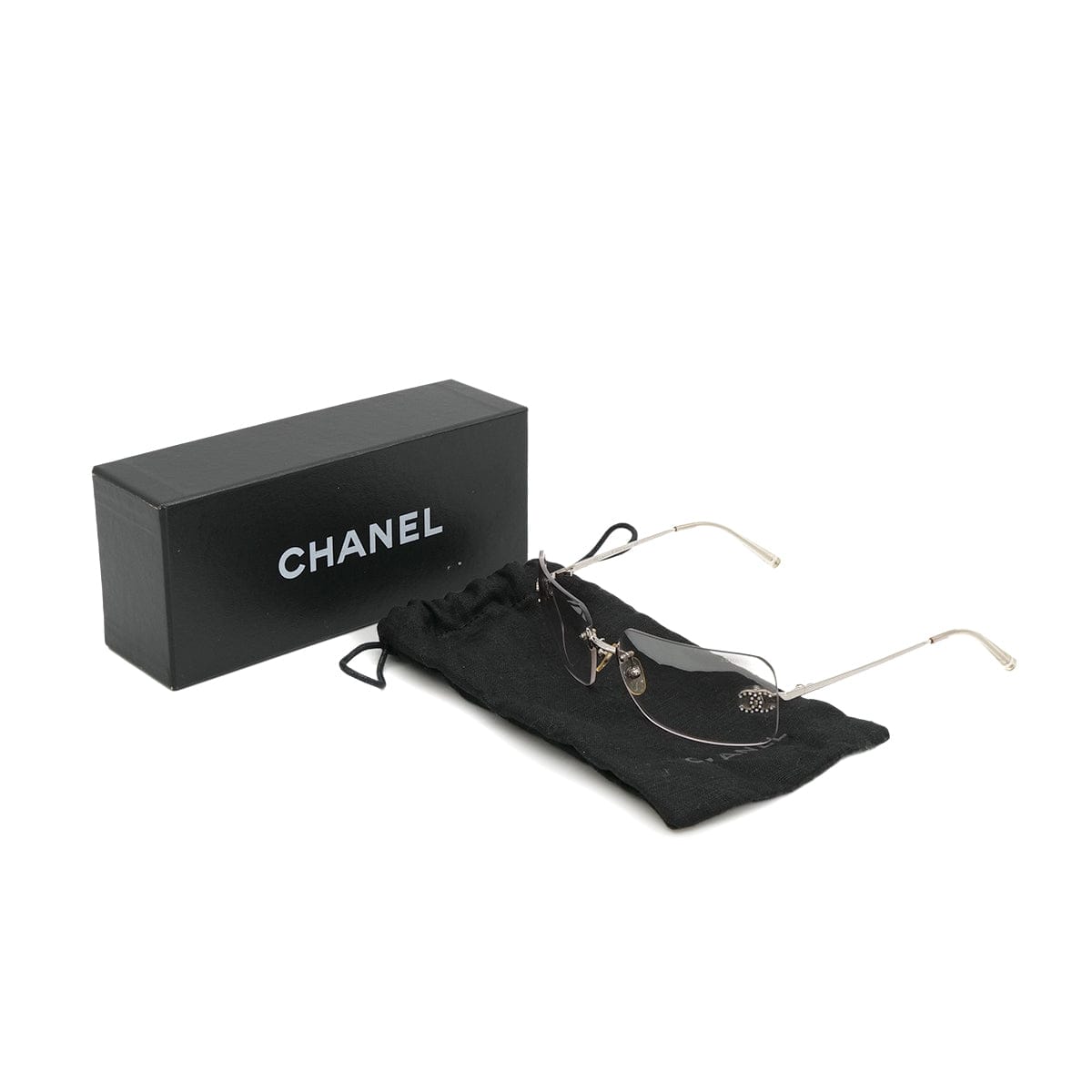 Luxury Promise Japan VINTAGE CHANEL COCOMARK RHINESTONE RIMLESS SUNGLASSES SILVER EYEWEAR 90323173