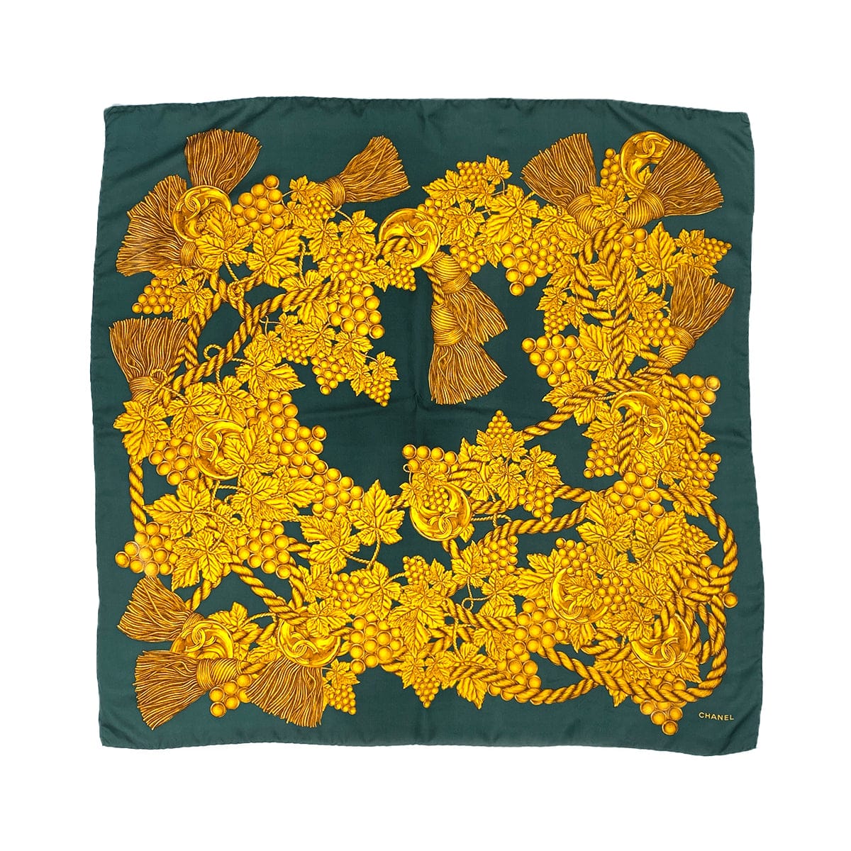 Luxury Promise Japan VINTAGE CHANEL COCOMARK ROPE PATTERN SCARF GREEN GOLD SILK 90323124