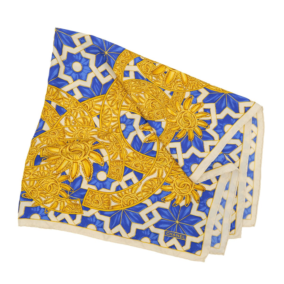 Luxury Promise Japan VINTAGE CHANEL COCOMARK SCARF BLUE WHITE GOLD SILK 90313559