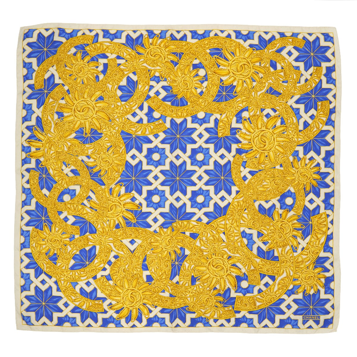Luxury Promise Japan VINTAGE CHANEL COCOMARK SCARF BLUE WHITE GOLD SILK 90313559