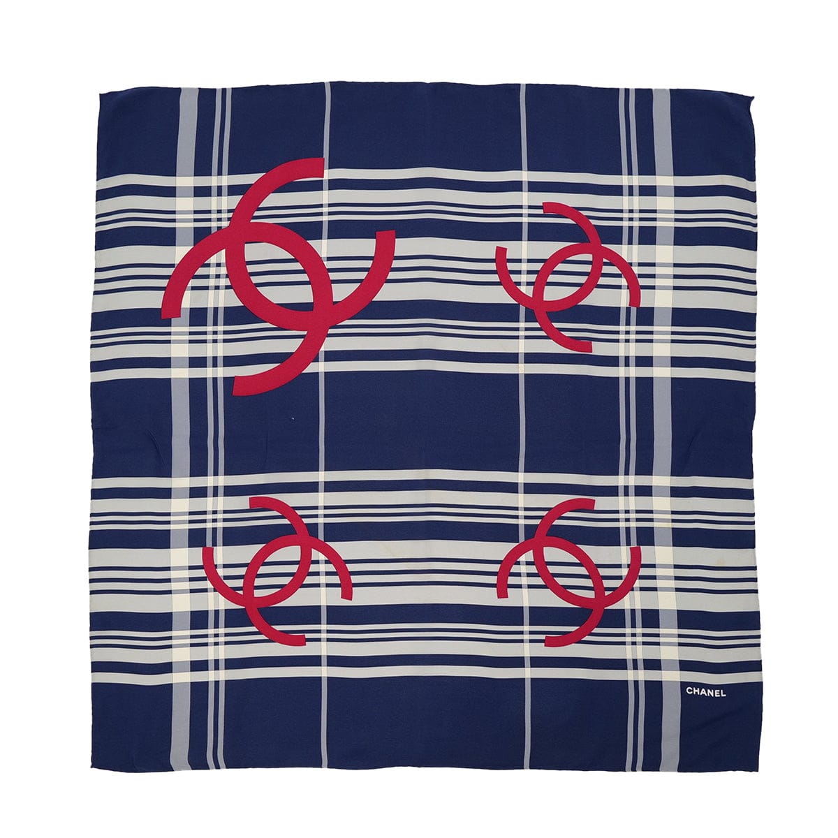 Luxury Promise Japan VINTAGE CHANEL COCOMARK SCARF CHECK PATTERN NAVY WHITE RED SILK 90322147