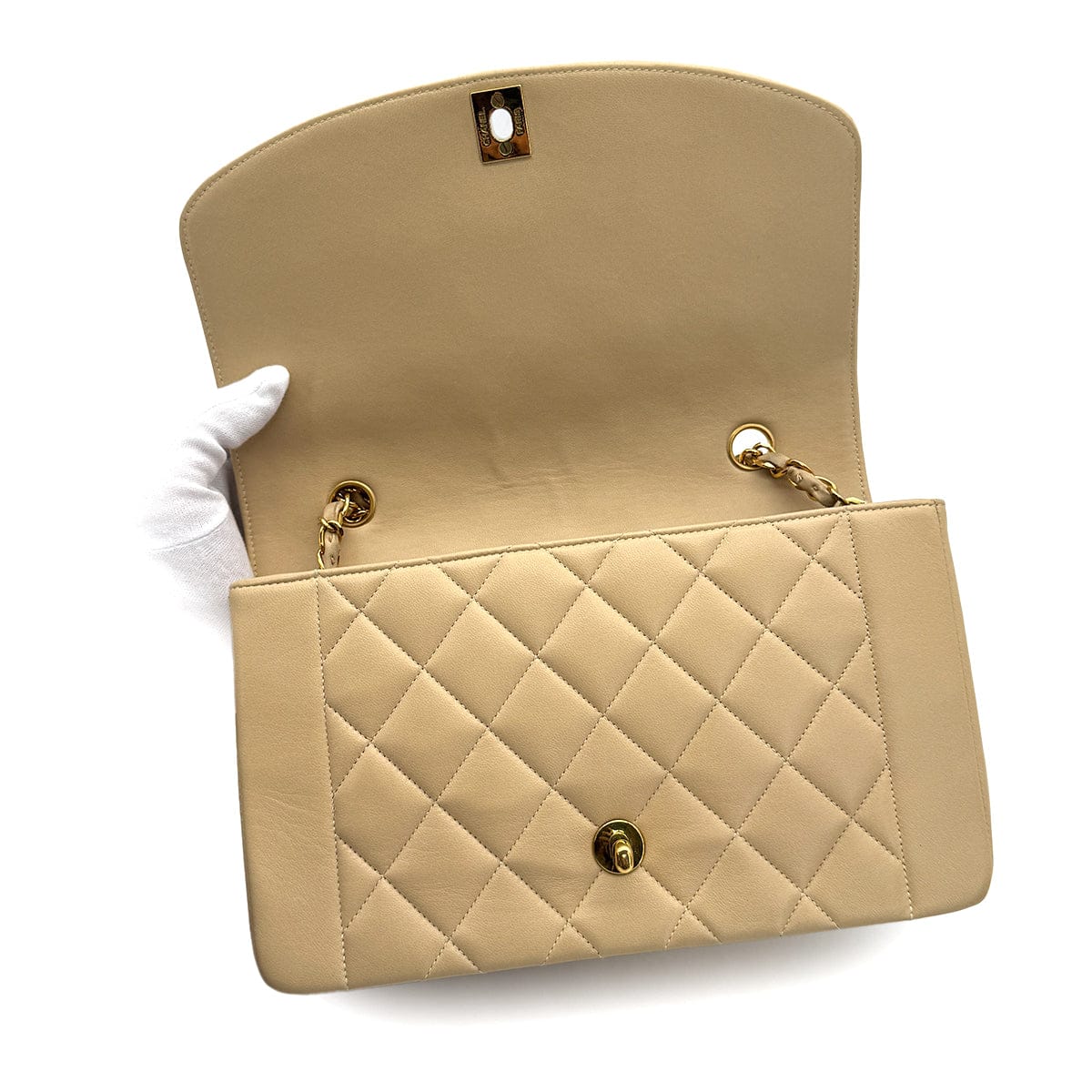 Luxury Promise Japan VINTAGE CHANEL DIANA MEDIUM CHAIN SHOULDER BAG BEIGE LAMB SKIN GOLD HARDWARE 90314777