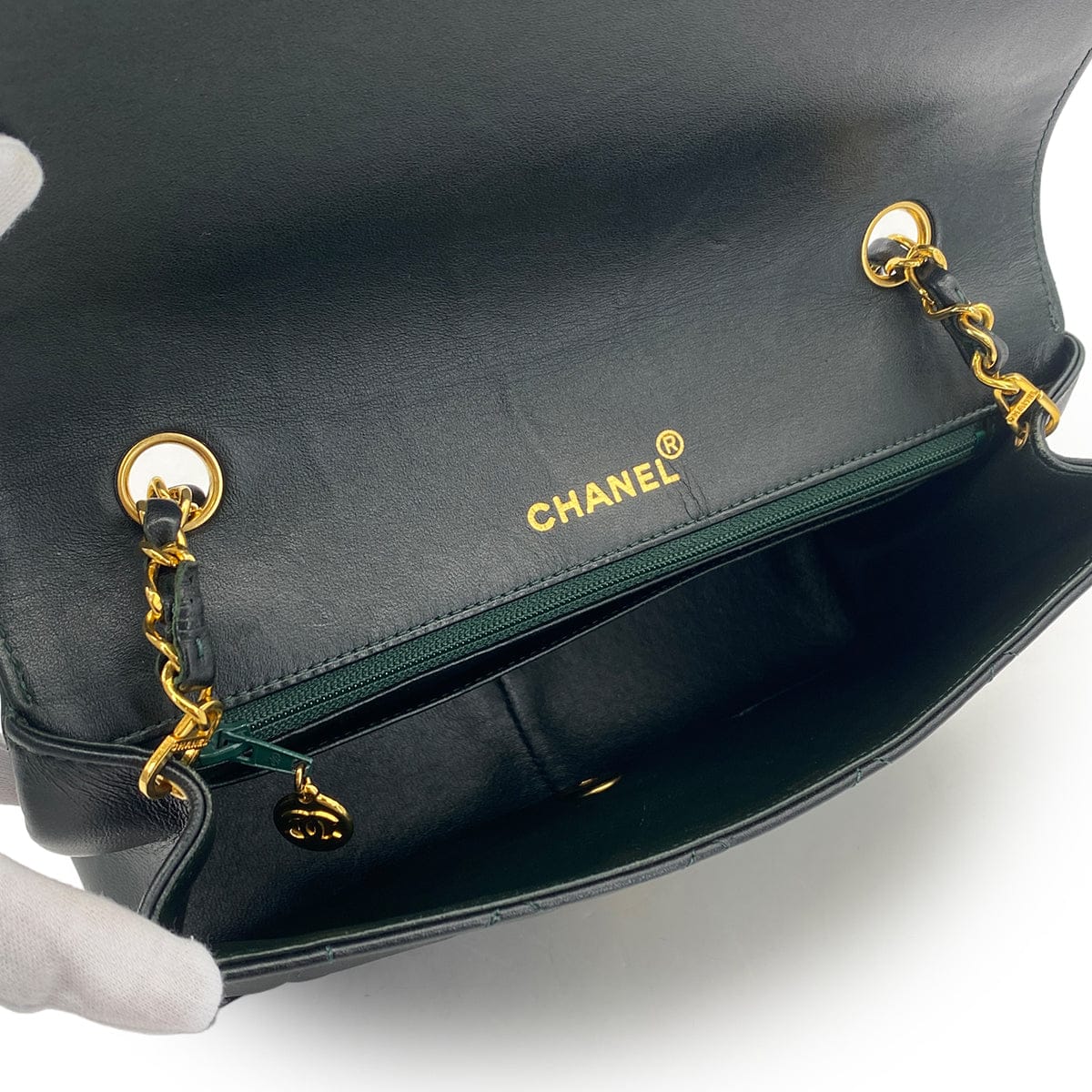 Luxury Promise Japan VINTAGE CHANEL DIANA MEDIUM CHAIN SHOULDER BAG DARK GREEN LAMB SKIN GOLD HARDWARE 90323198