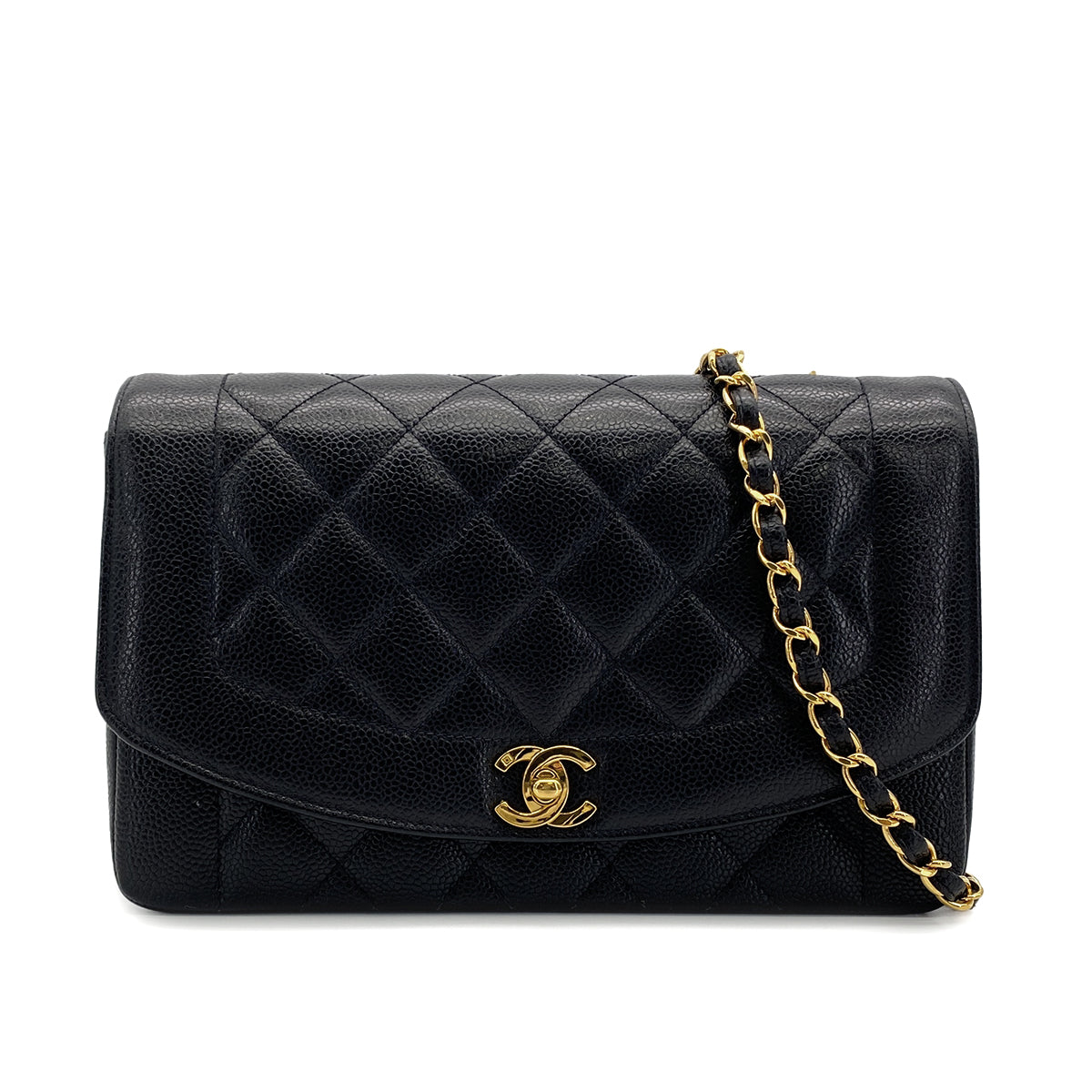Luxury Promise Japan VINTAGE CHANEL DIANA MIDIUM CHAIN SHOULDER BAG BLACK CAVIAR SKIN GOLD HARDWARE 90318522