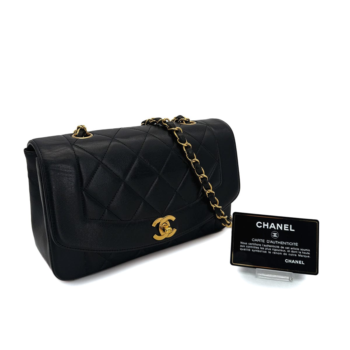 Luxury Promise Japan VINTAGE CHANEL DIANA SMALL CHAIN SHOULDER BAG BLACK LAMB SKIN GOLD HARDWARE 90241781
