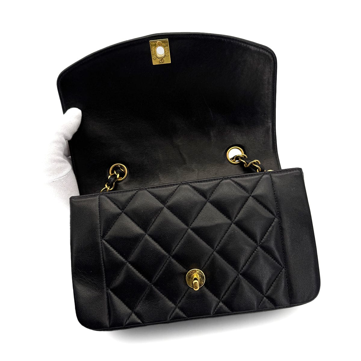 Luxury Promise Japan VINTAGE CHANEL DIANA SMALL CHAIN SHOULDER BAG BLACK LAMB SKIN GOLD HARDWARE 90314888