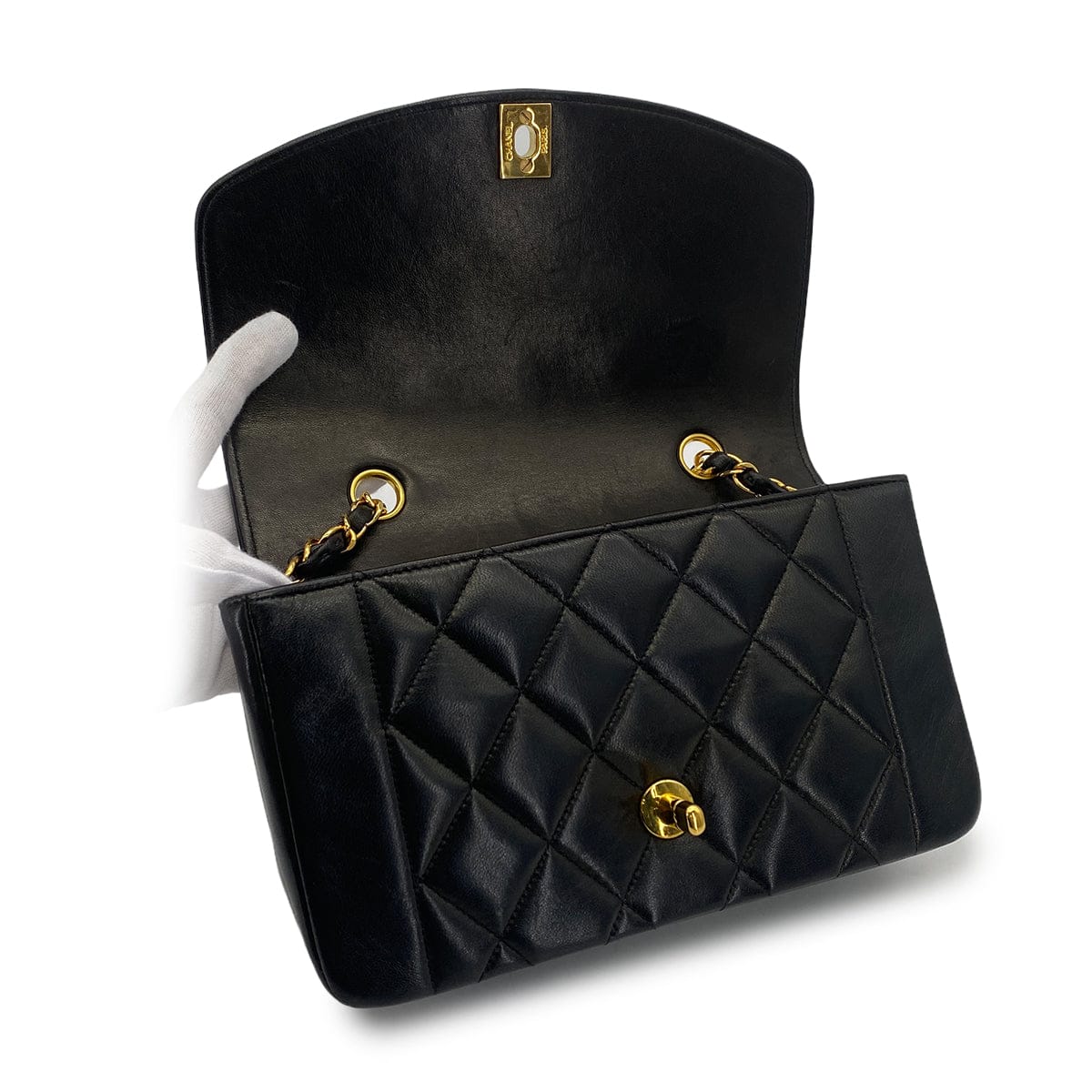 Luxury Promise Japan VINTAGE CHANEL DIANA SMALL CHAIN SHOULDER BAG BLACK LAMB SKIN GOLD HARDWARE 90323095