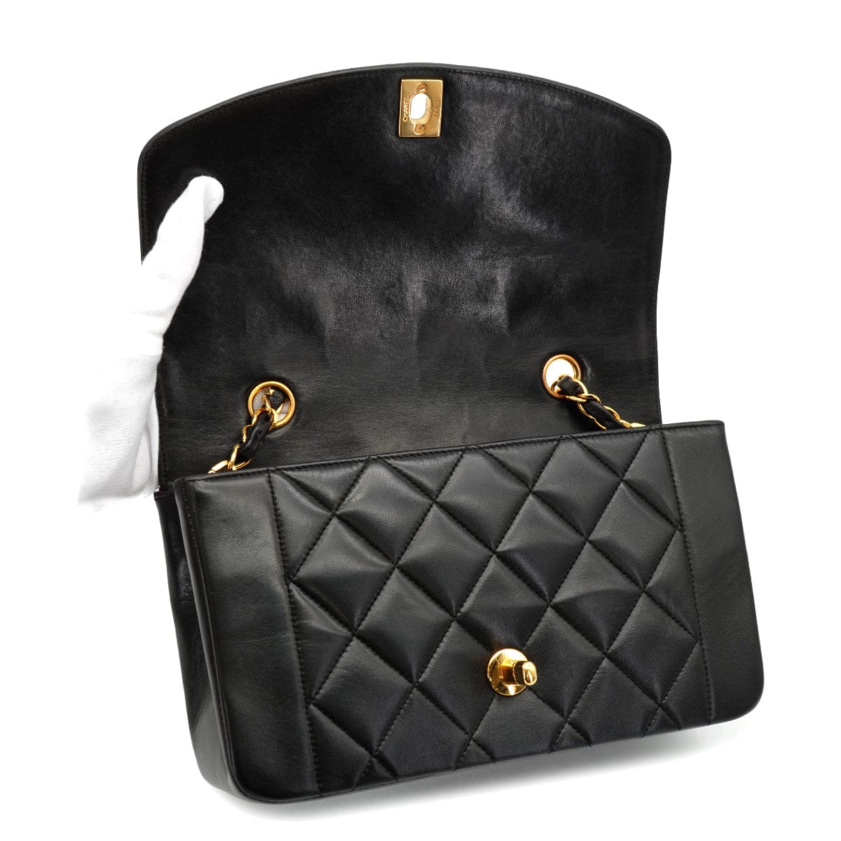 Luxury Promise Japan VINTAGE CHANEL DIANA SMALL CHAIN SHOULDER BAG BLACK LAMB SKIN GOLD HARDWARE 90330930
