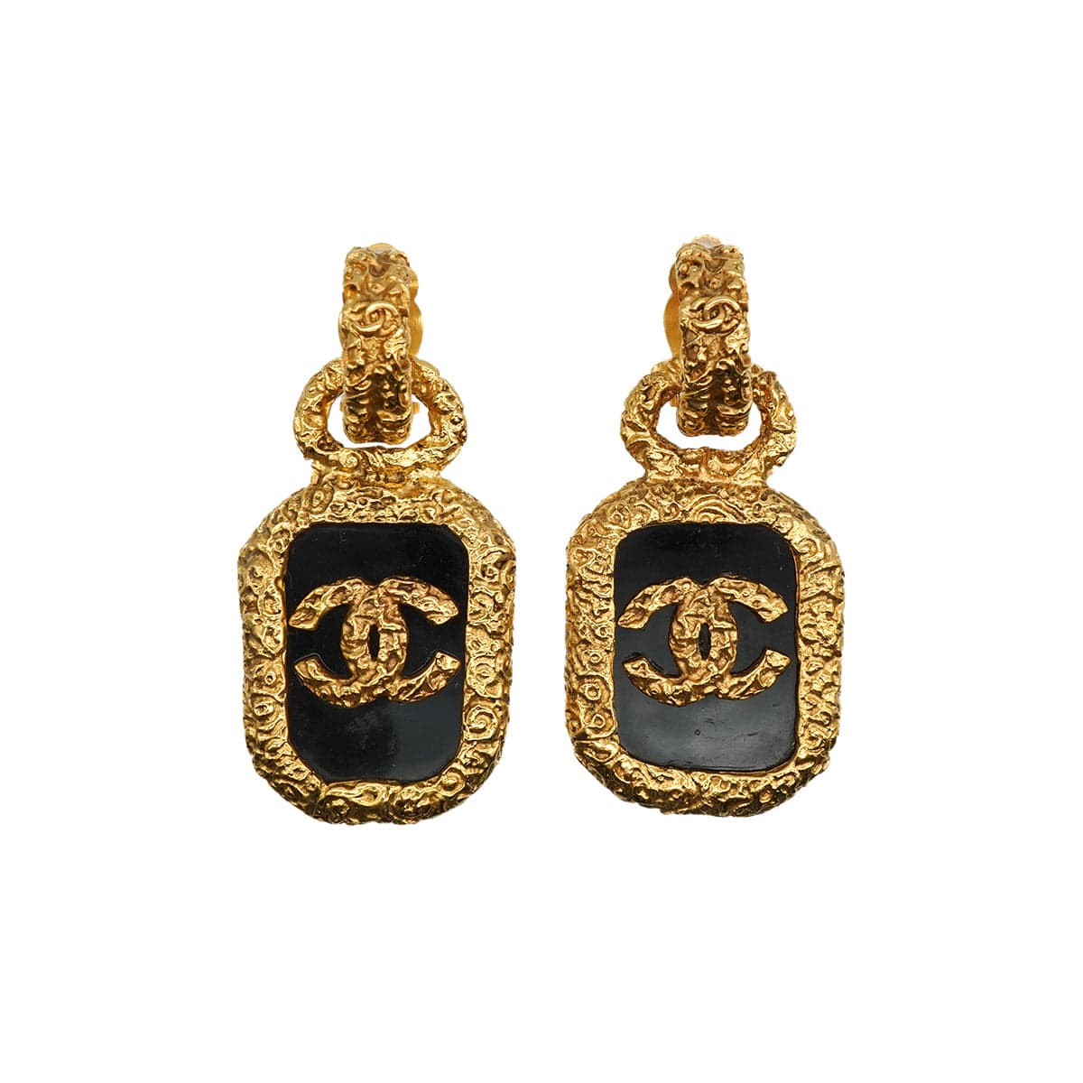 Luxury Promise Japan VINTAGE CHANEL EARRINGS LAVA COCOMARK SWING GOLD BLACK ACCESSORY 93A 90346692