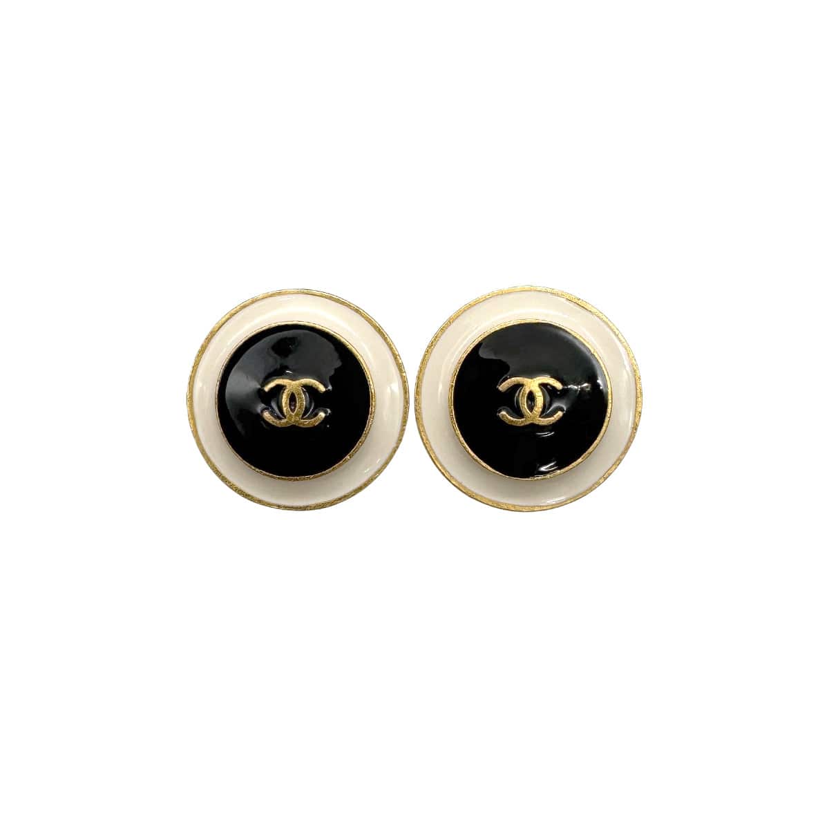 Luxury Promise Japan VINTAGE CHANEL EARRINGS ROUND COCOMARK BLACK WHITE GOLD ACCESSORY 96A 90318638