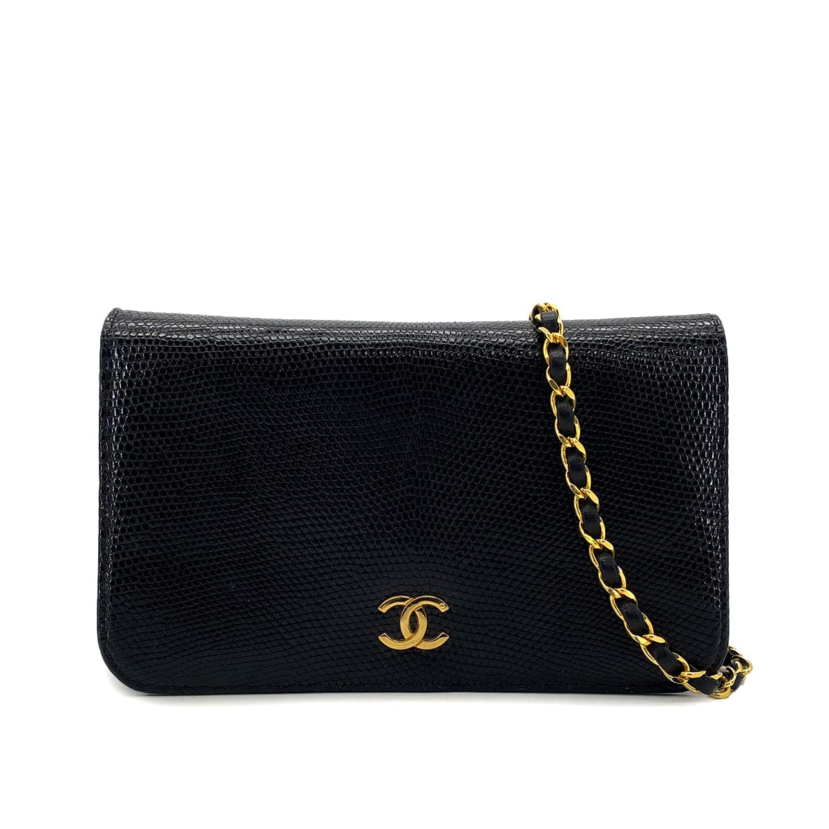 Luxury Promise Japan VINTAGE CHANEL FULL FLAP CHAIN SHUOLDER BAG BLACK LIZARD GOLD HARDWARE 90311973