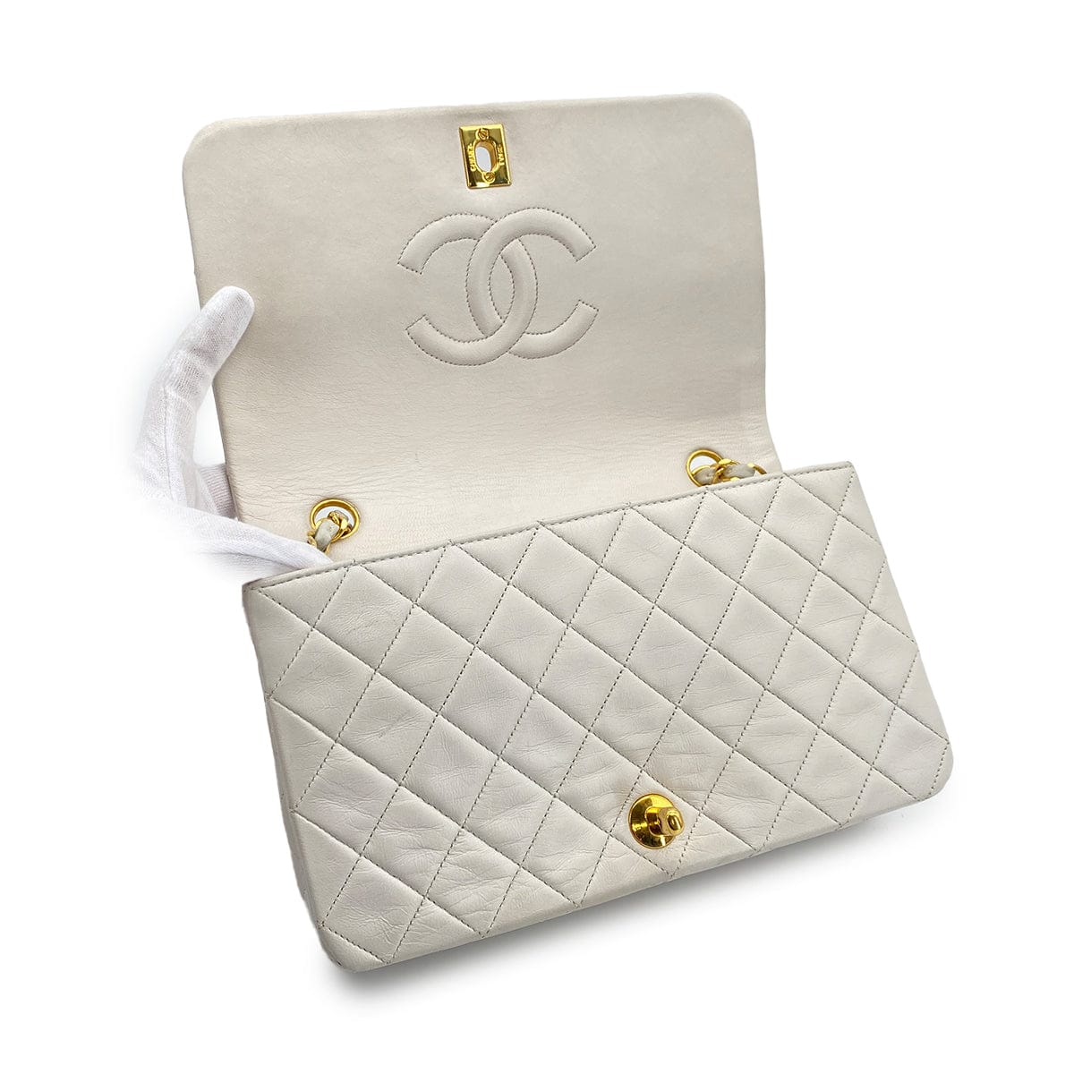 Luxury Promise Japan VINTAGE CHANEL FULL FLAP CHAIN SHUOLDER BAG WHITE LAMB SKIN GOLD HARDWARE 90321767