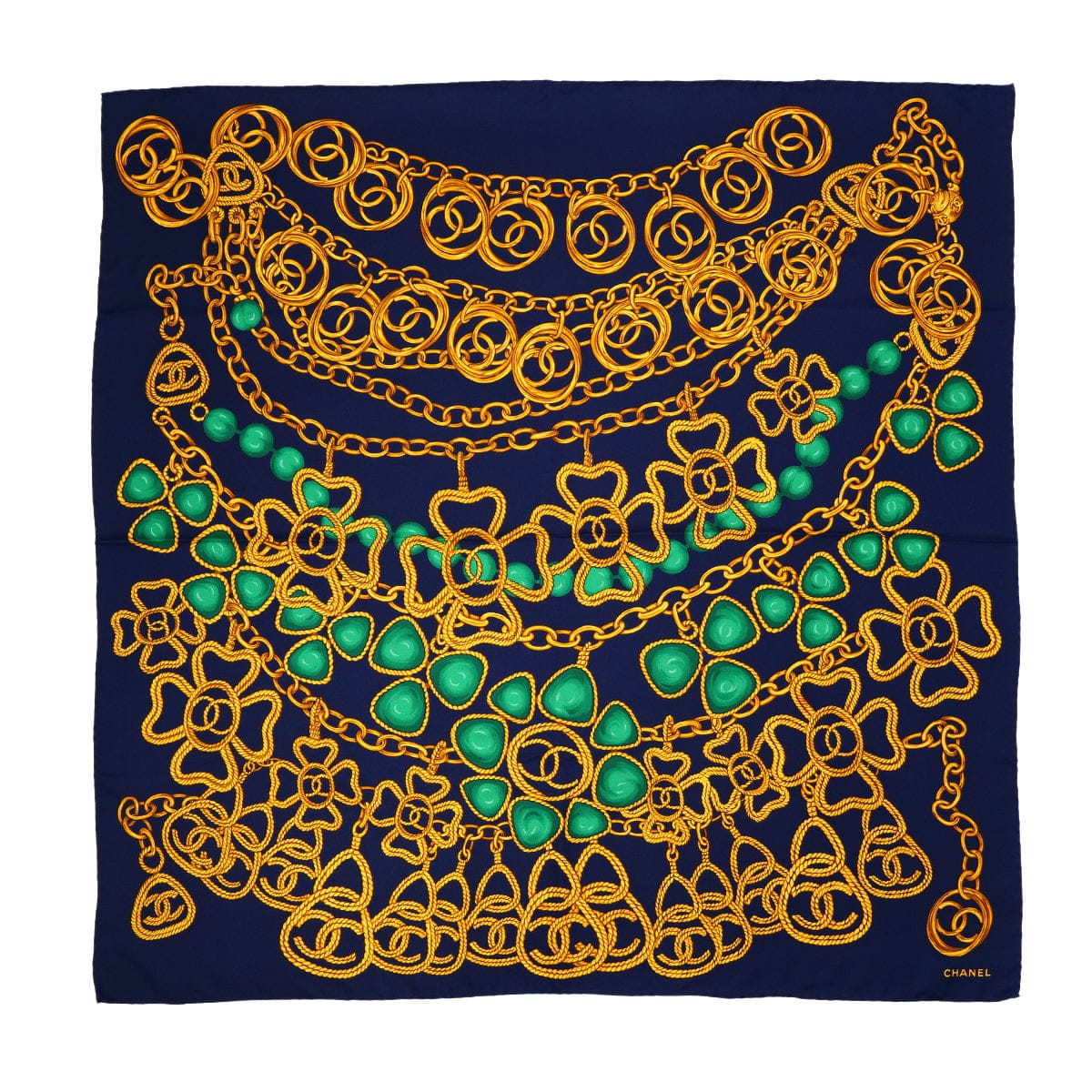 Luxury Promise Japan VINTAGE CHANEL GRIPOA CHAIN PATTERN SCARF NAVY GREEN GOLD SILK 90321064