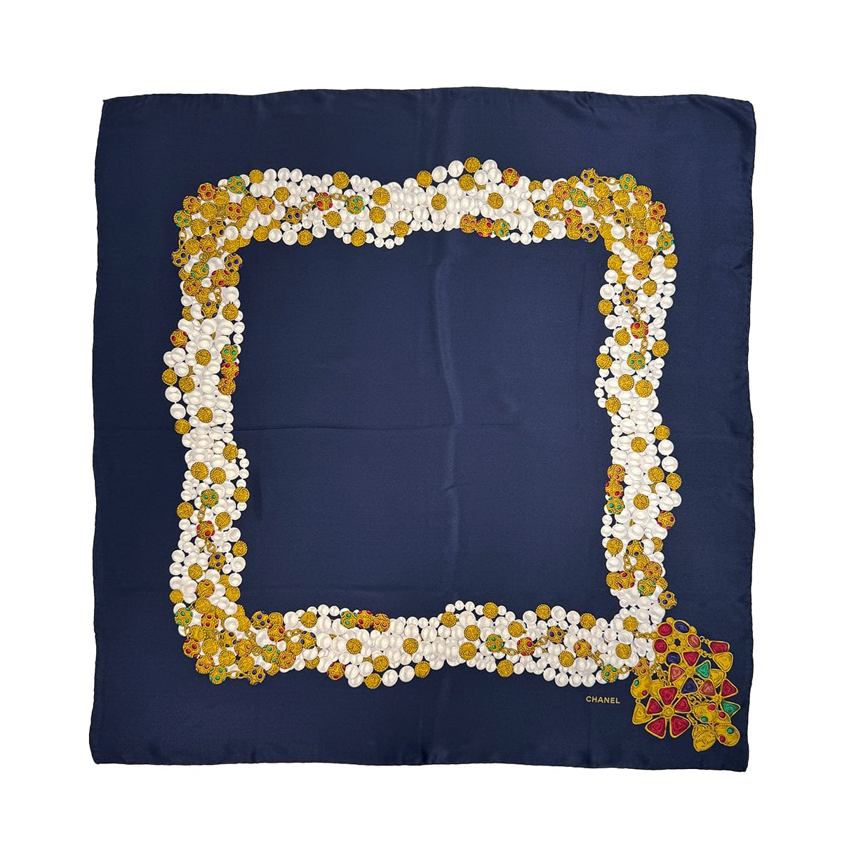 Luxury Promise Japan VINTAGE CHANEL GRIPORE JEWELRY PATTERN SCARF NAVY SILK 90318642