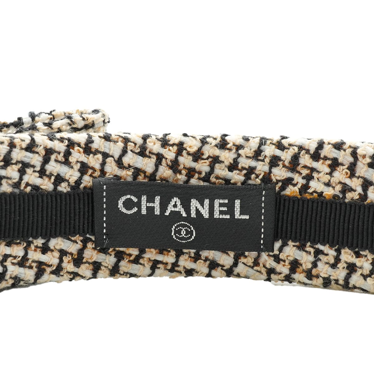Luxury Promise Japan VINTAGE CHANEL HEADBAND COCOMARK RIBBON BLACK WHITE BEIGE TWEED HAIR ACCESSORY 90339684