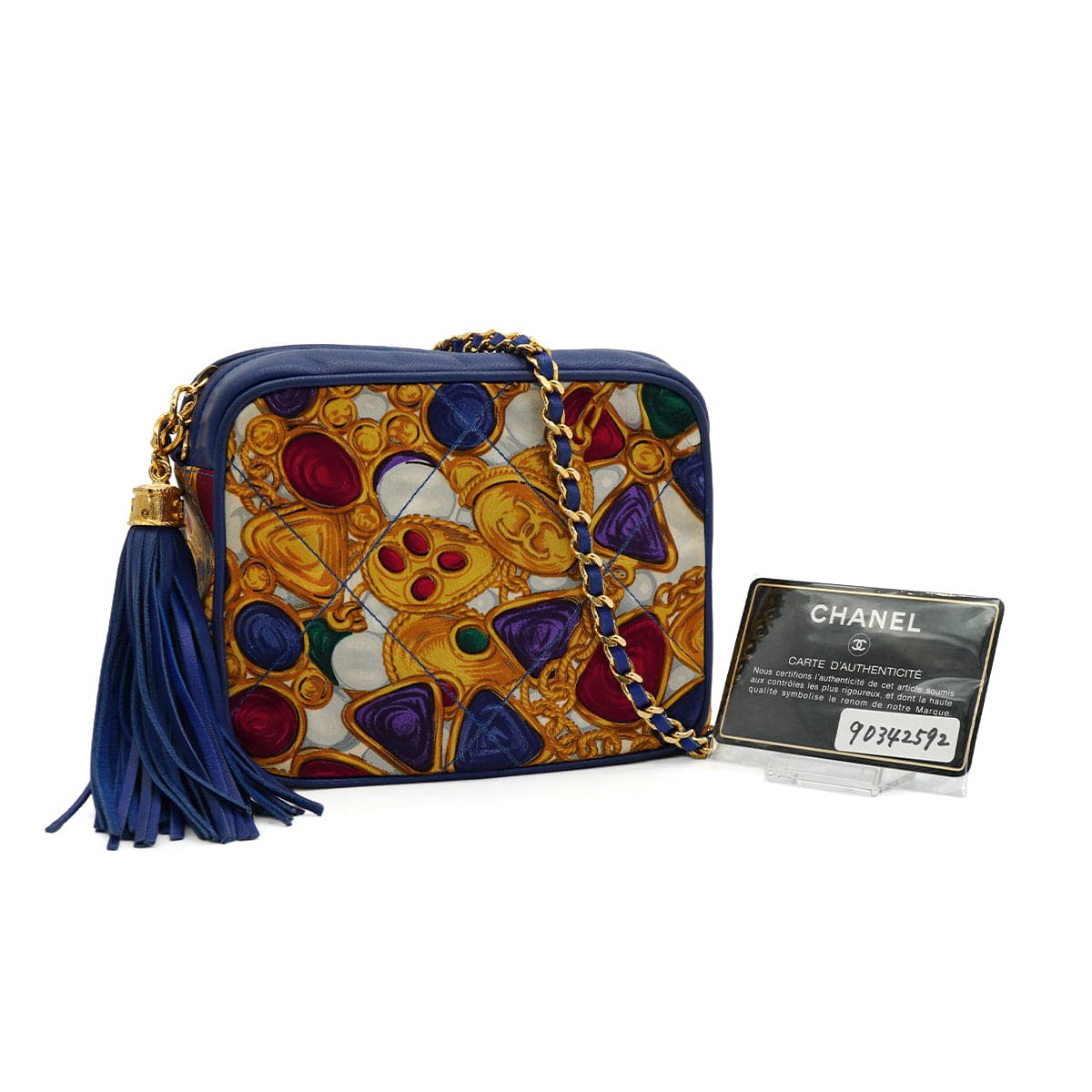 Luxury Promise Japan VINTAGE CHANEL JEWELRY PATTERN FRINGE MINI CHAIN SHOULDER BAG BLUE LAMB SKIN GOLD HARDWARE 90342592