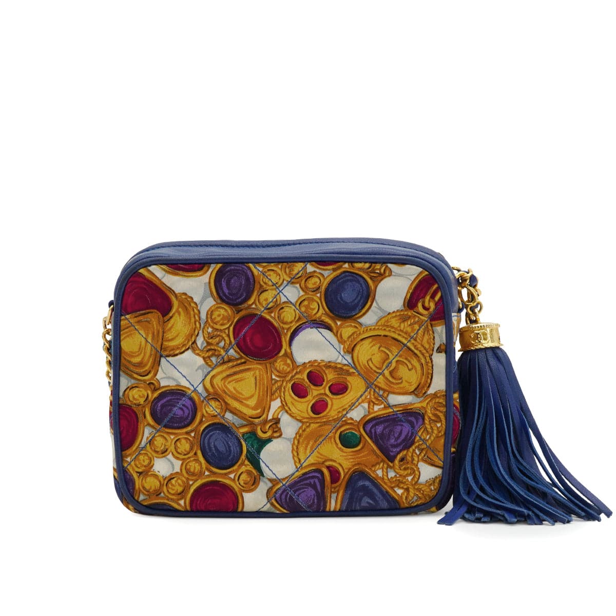 Luxury Promise Japan VINTAGE CHANEL JEWELRY PATTERN FRINGE MINI CHAIN SHOULDER BAG BLUE LAMB SKIN GOLD HARDWARE 90342592