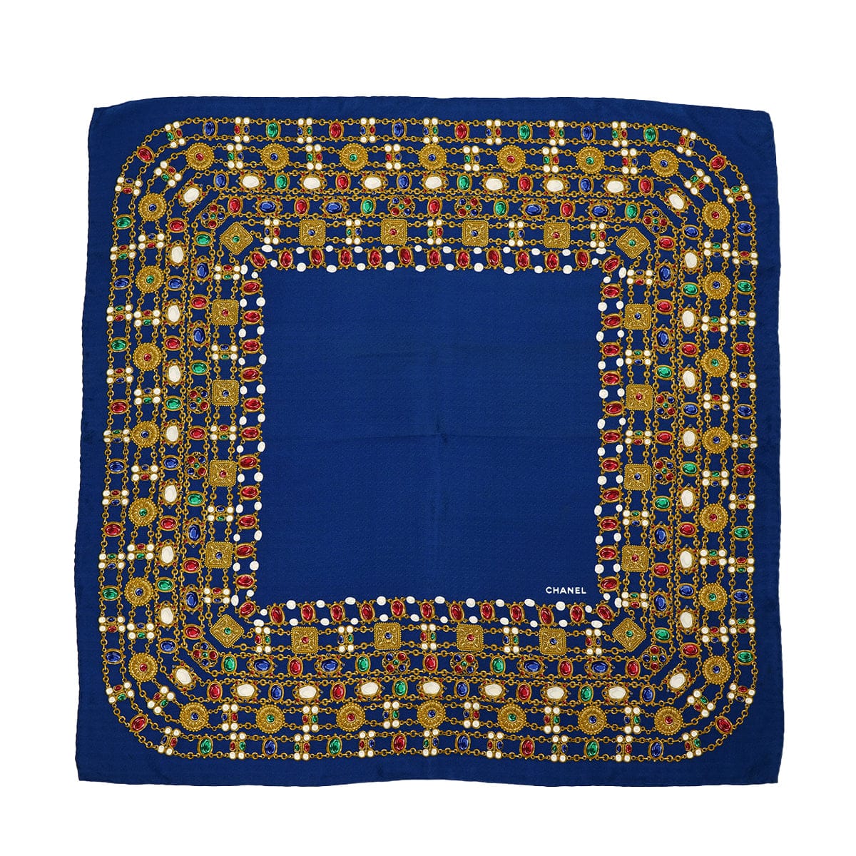 Luxury Promise Japan VINTAGE CHANEL JEWELRY PATTERN SCARF BLUE MULTICOLOR SILK 90321172