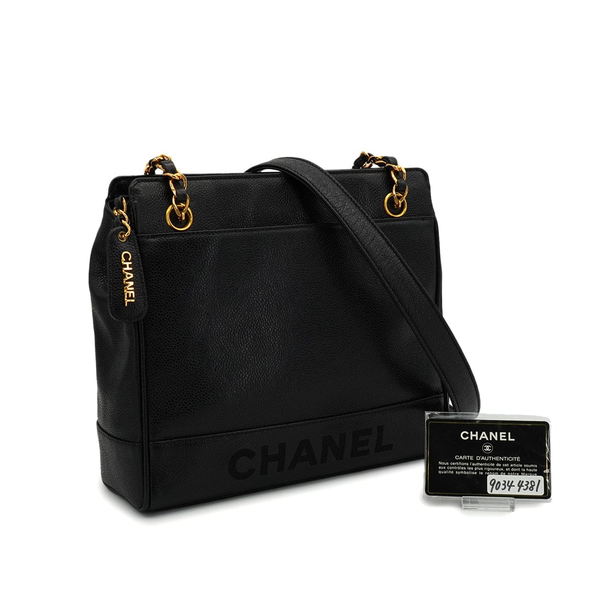 Luxury Promise Japan VINTAGE CHANEL LOGO CHAIN SHOULDER BAG BLACK CAVIAR SKIN GOLD HARDWARE 90344381