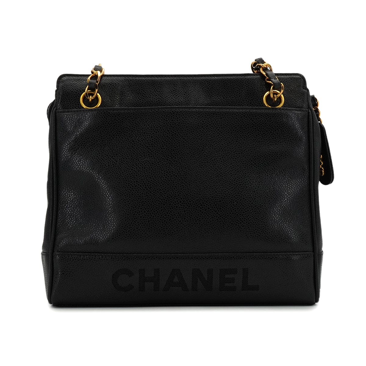 Luxury Promise Japan VINTAGE CHANEL LOGO CHAIN SHOULDER BAG BLACK CAVIAR SKIN GOLD HARDWARE 90344381