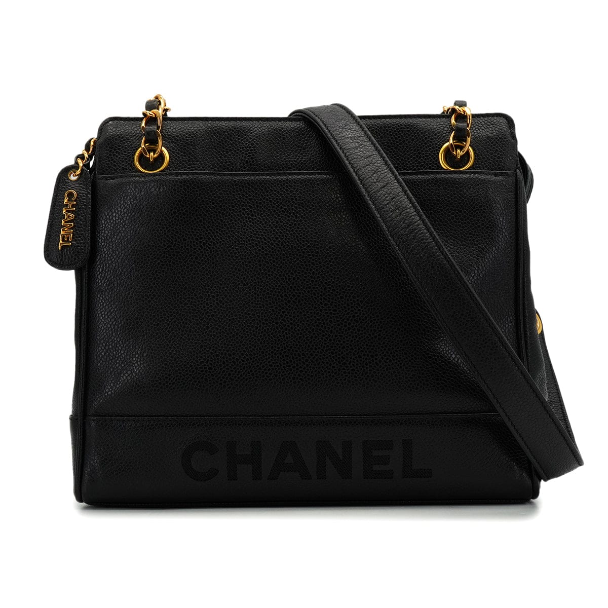 Luxury Promise Japan VINTAGE CHANEL LOGO CHAIN SHOULDER BAG BLACK CAVIAR SKIN GOLD HARDWARE 90344381