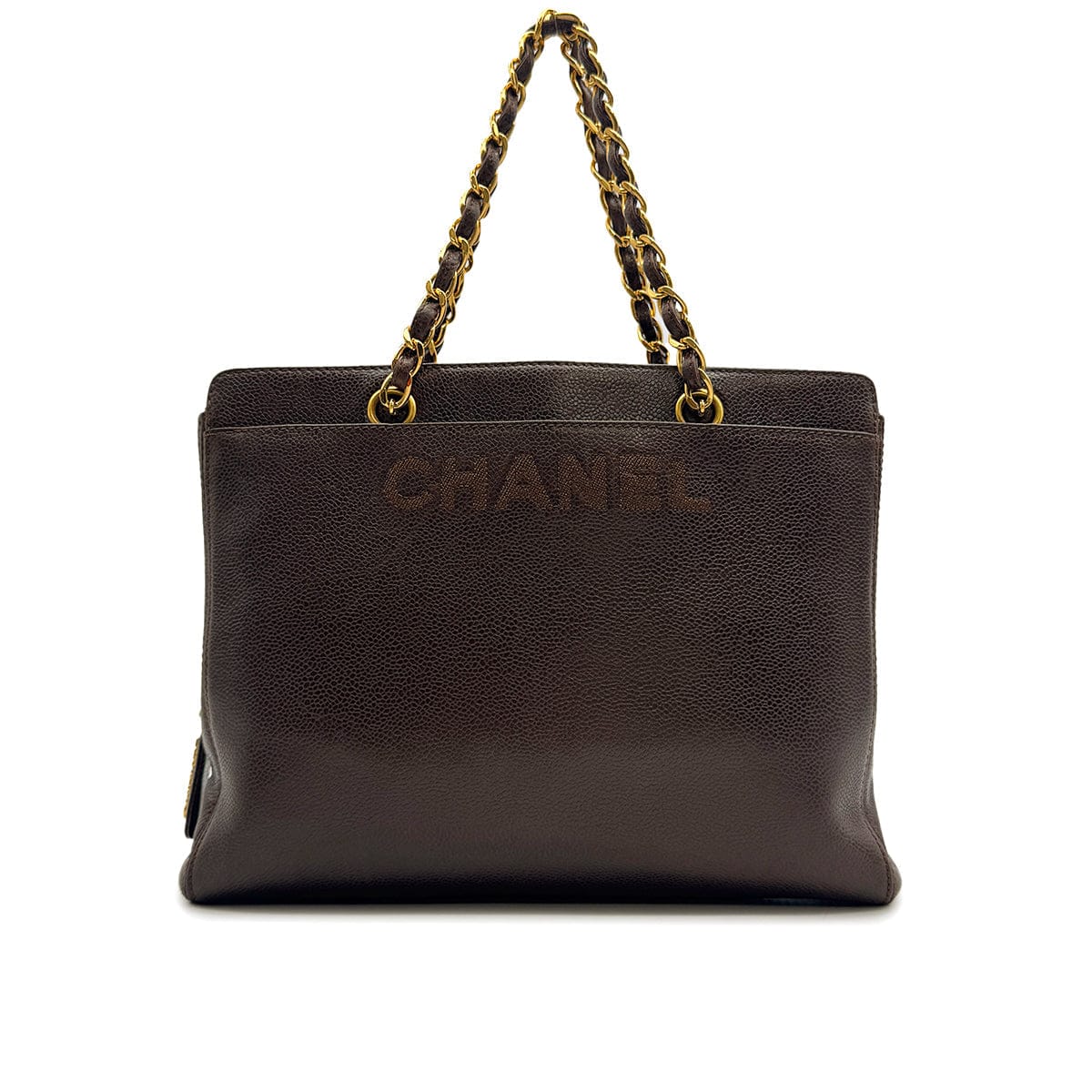 Luxury Promise Japan VINTAGE CHANEL LOGO CHAIN TOTE BAG BROWN CAVIAR SKIN GOLD HARDWARE 90315446