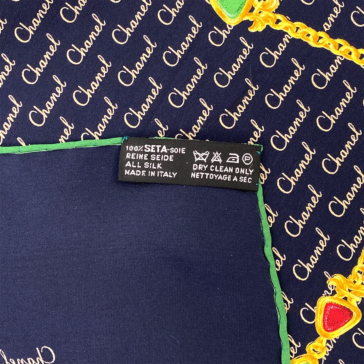 Luxury Promise Japan VINTAGE CHANEL LOGO GRIPOA CHAIN PATTERN SCARF NAVY GREEN SILK 90323119