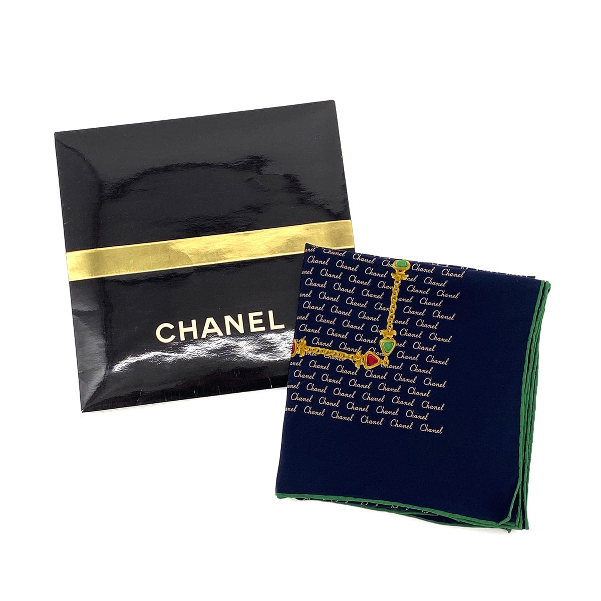 Luxury Promise Japan VINTAGE CHANEL LOGO GRIPOA CHAIN PATTERN SCARF NAVY GREEN SILK 90323119