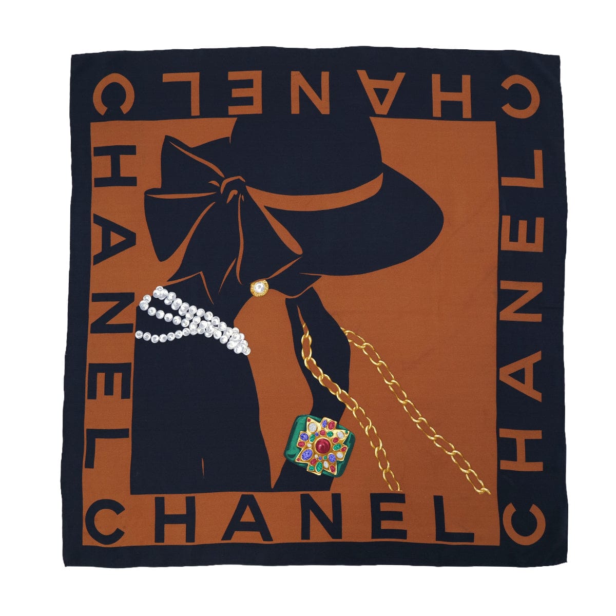 Luxury Promise Japan VINTAGE CHANEL MADEMOISELLE LOGO SCARF BLACK BROWN SILK 90324796