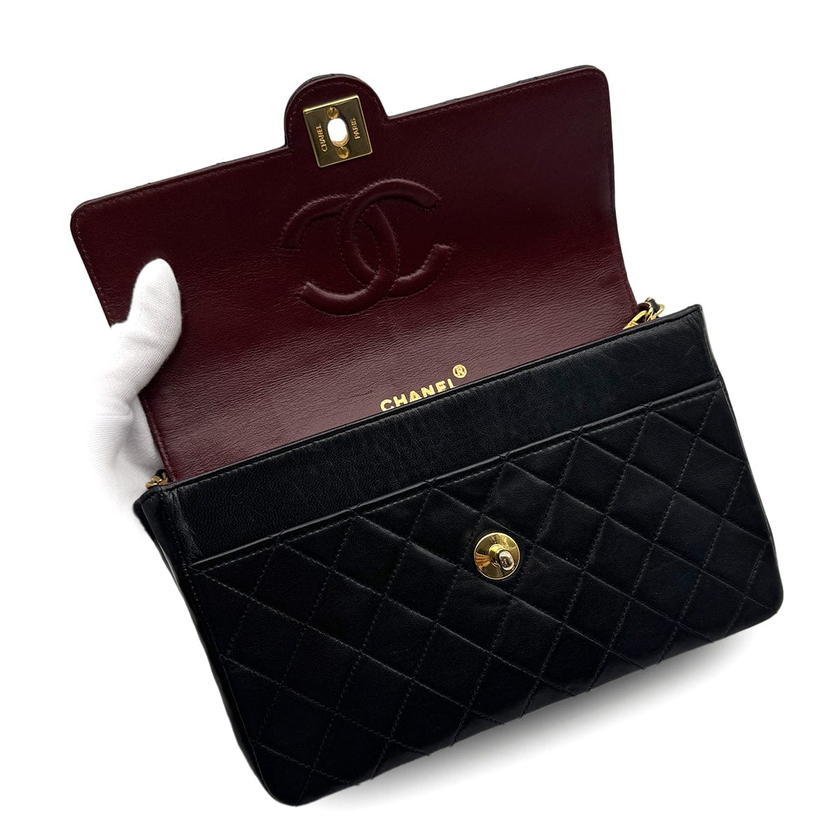 Luxury Promise Japan VINTAGE CHANEL MATELASSE CHAIN SHOULDER BAG BLACK LAMB SKIN GOLD HARDWARE 90316162